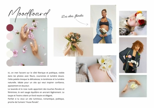 "Palette de couleurs et typographies pour une identité visuelle alignée et chaleureuse."
